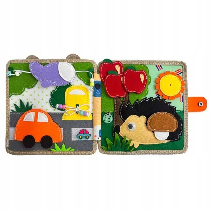 Carte Senzoriala Educativa Montessori 7in1, Vivimall, Dezvoltare Abilitati Motorii, 8 Pagini, 3D, cu Elemente Detasabile, Model Girafa, 21x21x8 cm, Maro