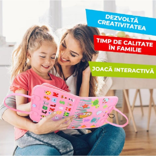 Carte Senzoriala Educativa Montessori, Dezvoltare Abilitati Motorii, 3 Pagini, Model Sirena Si Alfabet, 28X25X4 Cm, Roz - vivimall.ro