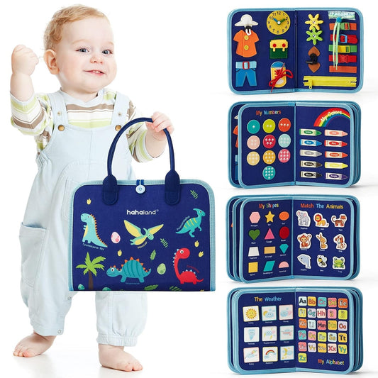 Carte Senzoriala Educativa Montessori, Dezvoltare Abilitati Motorii, 5 Pagini, Model Dinozauri, 28X22X7 Cm, Albastru - vivimall.ro