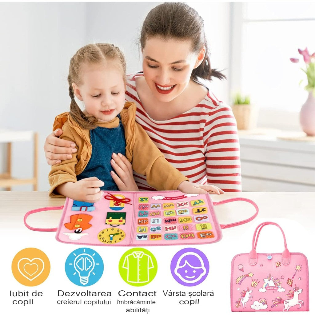 Carte Senzoriala Educativa Montessori, Vivimall, Dezvoltare Abilitati Motorii, 5 Pagini, Model Unicorni, 28x22x7 cm, Roz - vivimall.ro