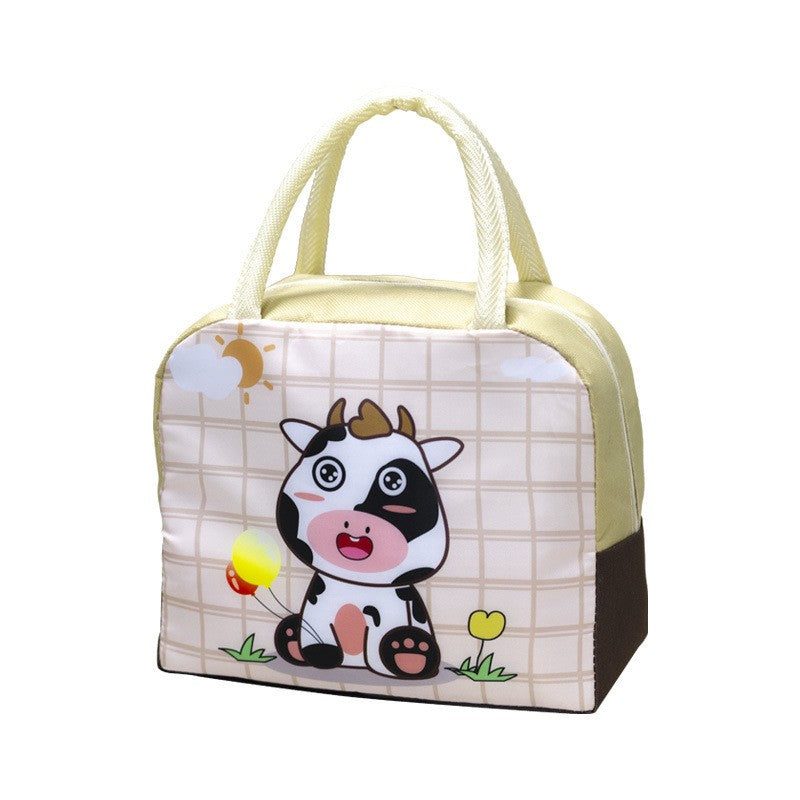 Geanta Termoizolanta Pentru Copii, 23X13X19 Cm, Model Imprimeu Vacuta, Din Folie De Aluminiu Si Panza Oxford, Bej - vivimall.ro