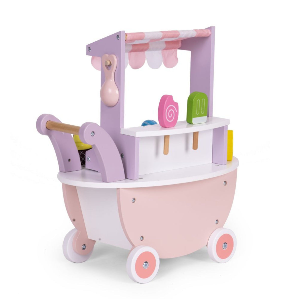 Carucior cu Inghetata pentru Copii, Flippy, din Lemn, Magnetic, Joc de Rol Montessori, cu Depozitare si Roti, 41x19x44 cm, Roz - vivimall.ro