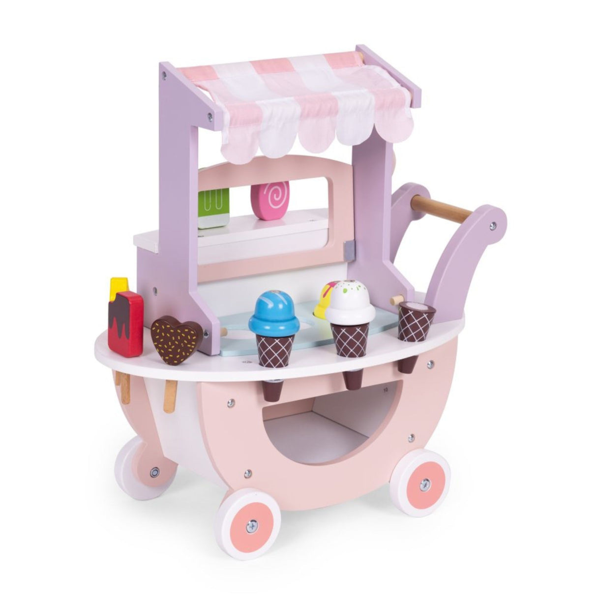 Carucior cu Inghetata pentru Copii, Flippy, din Lemn, Magnetic, Joc de Rol Montessori, cu Depozitare si Roti, 41x19x44 cm, Roz - vivimall.ro