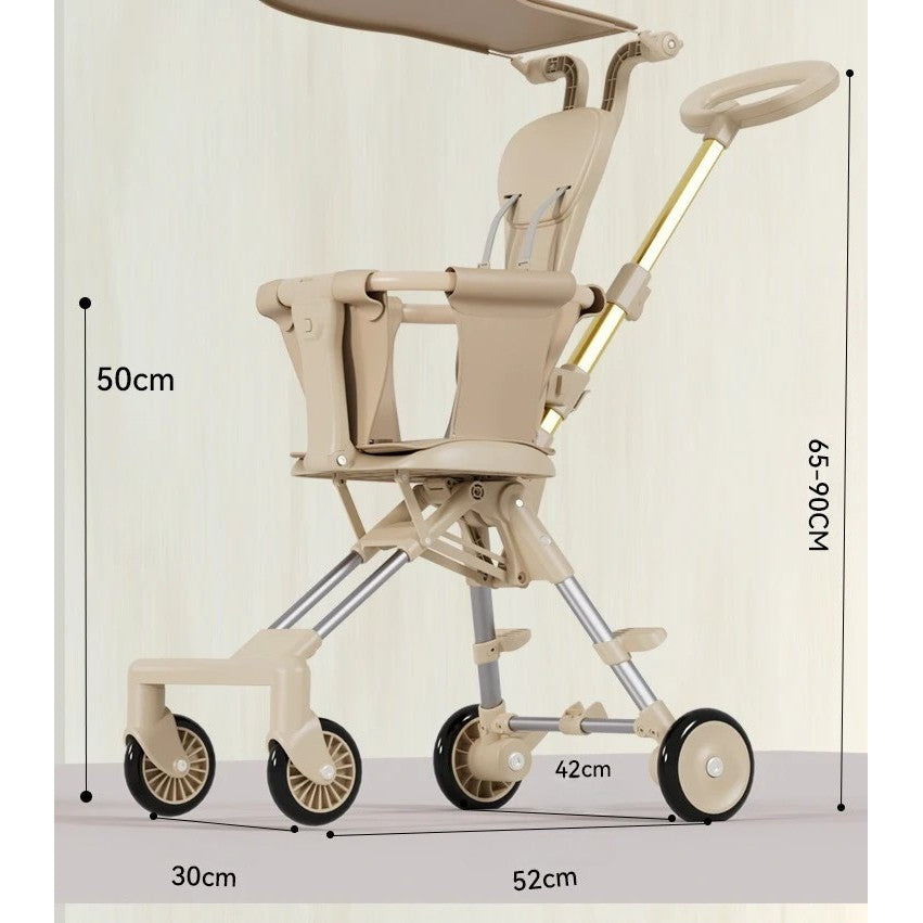 Carucior Pliabil, Vivimall, 1-3 Ani, Reversibil, 4 Roti, Parasolar, din Aliaj de Aluminiu + Plastic + Textil, 52 x 42 x 90 cm, Bej