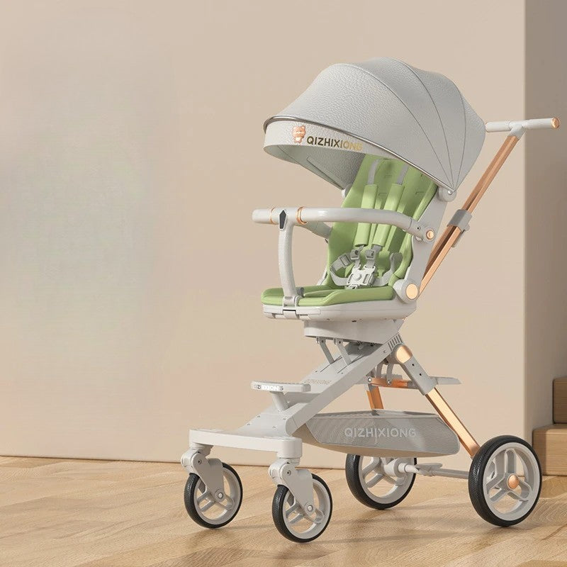 Carucior Sport Vivimall 3in1, 6-36 Luni, Pliabil, Tavita pentru Masa, Pat de Dormit, Centura de Siguranta, Roti 360 Grade, Reversibil, Parasolar, Maner Reglabil, 64 x 35 x 100 cm, Gri/Verde