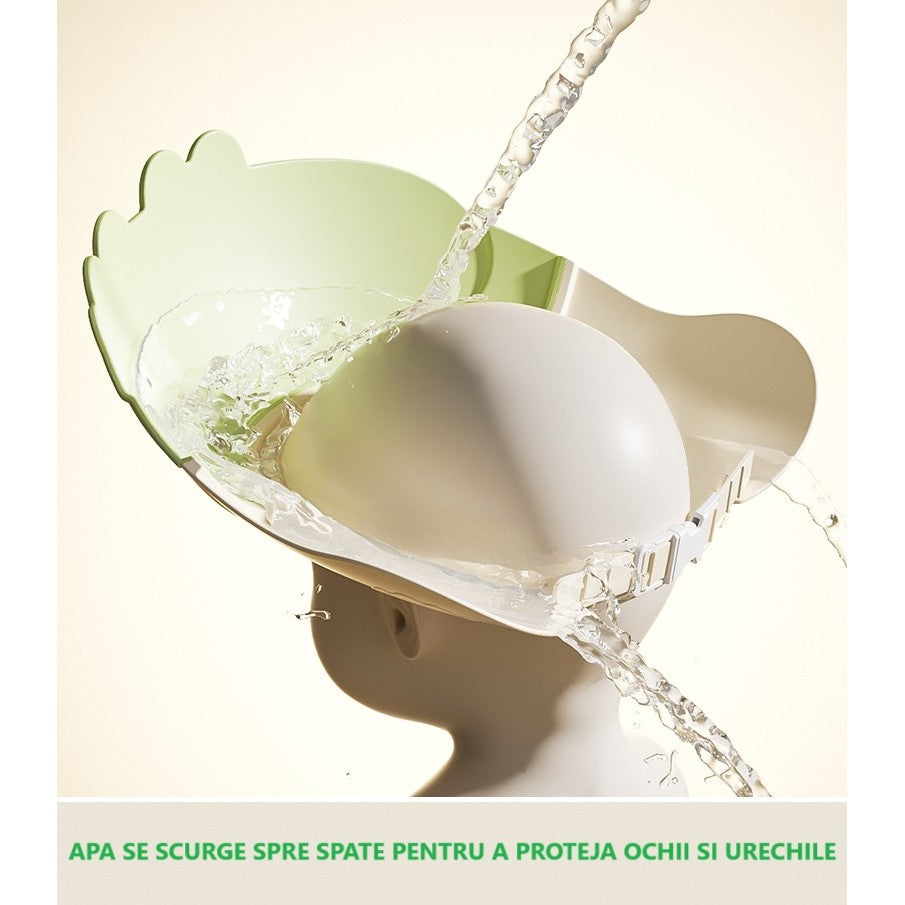 Casca de Dus, Vivimall, Previne Scurgerea Apei si Samponului pe Fata, 0-12 Ani, Ajustabila, din TPE+PP, 20 x 23 cm, Model Crocodil, Verde - vivimall.ro