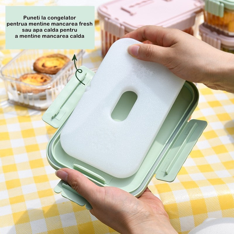 Caserola portabila pentru mancare fresh Vivimall, 1500 ml, 2 furculite,10 x 13.5 x 20 cm, 2 capace detasabile pentru congelator, etans, spatiu pentru tacamuri, maner, material plastic, rezistent la temperaturi ridicate, transparent - vivimall.ro