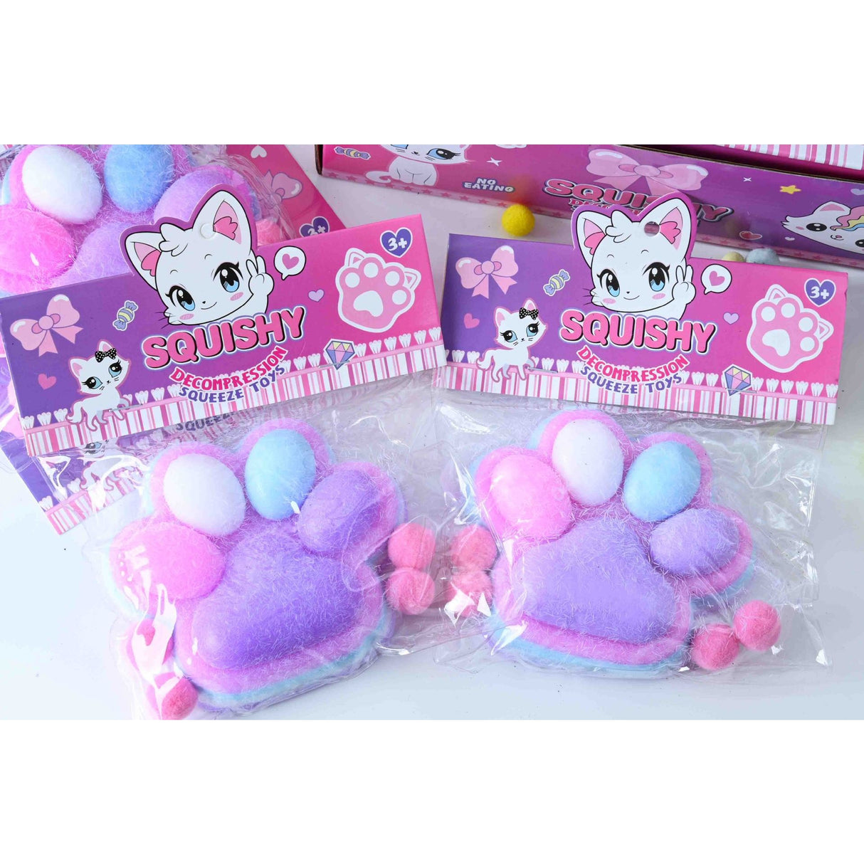 Jucarie Antistres Squishy, Vivimall, cu Revenire Lenta, Model Labuta de Pisica Pufoasa, 220g, 12.5 x 10.5 cm Squeeze Pinch Family, Ambalaj Transparent, Mov - vivimall.ro