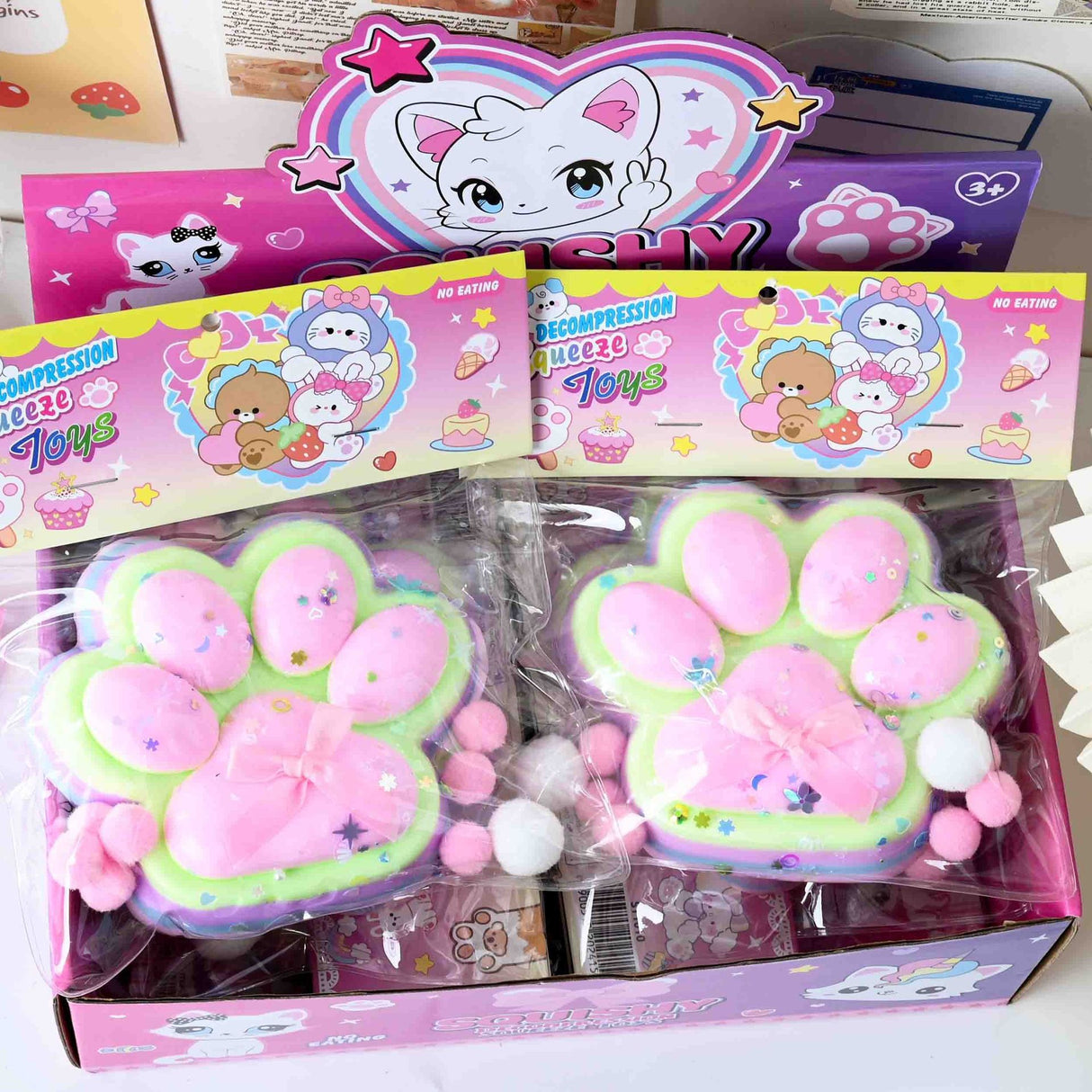 Jucarie Antistres Squishy, Vivimall, cu Revenire Lenta, Model Labuta de Pisica YY1005, 220g, 12.5 x 10.5 cm, Squeeze Pinch Family, Ambalaj Transparent, Roz-Curcubeu - vivimall.ro