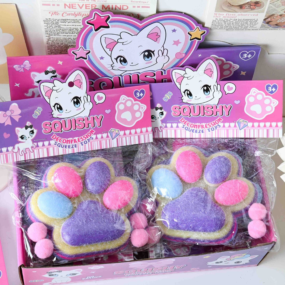 Jucarie Antistres Squishy, Vivimall, cu Revenire Lenta, Model Labuta de Pisica Pufoasa, 12.5x10.5 cm, 220g, Squeeze Pinch Family, Ambalaj Transparent, Mov-Multicolor - vivimall.ro