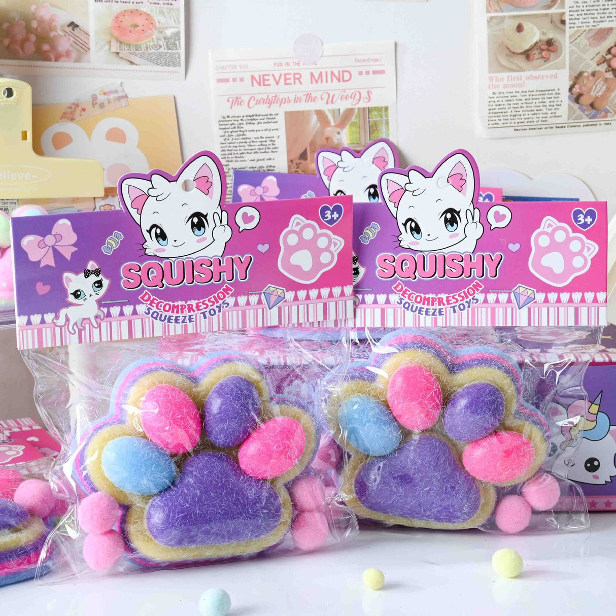 Jucarie Antistres Squishy, Vivimall, cu Revenire Lenta, Model Labuta de Pisica Pufoasa, 12.5x10.5 cm, 220g, Squeeze Pinch Family, Ambalaj Transparent, Mov-Multicolor - vivimall.ro