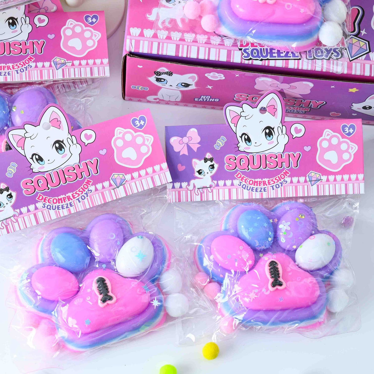 Jucarie Antistres Squishy, Flippy, cu Revenire Lenta, Model Labuta de Pisica, cu Pestisor, 220g, 12.5 x 10.5 cm Squeeze Pinch Family, Ambalaj Transparent, Roz-Multicolor - vivimall.ro