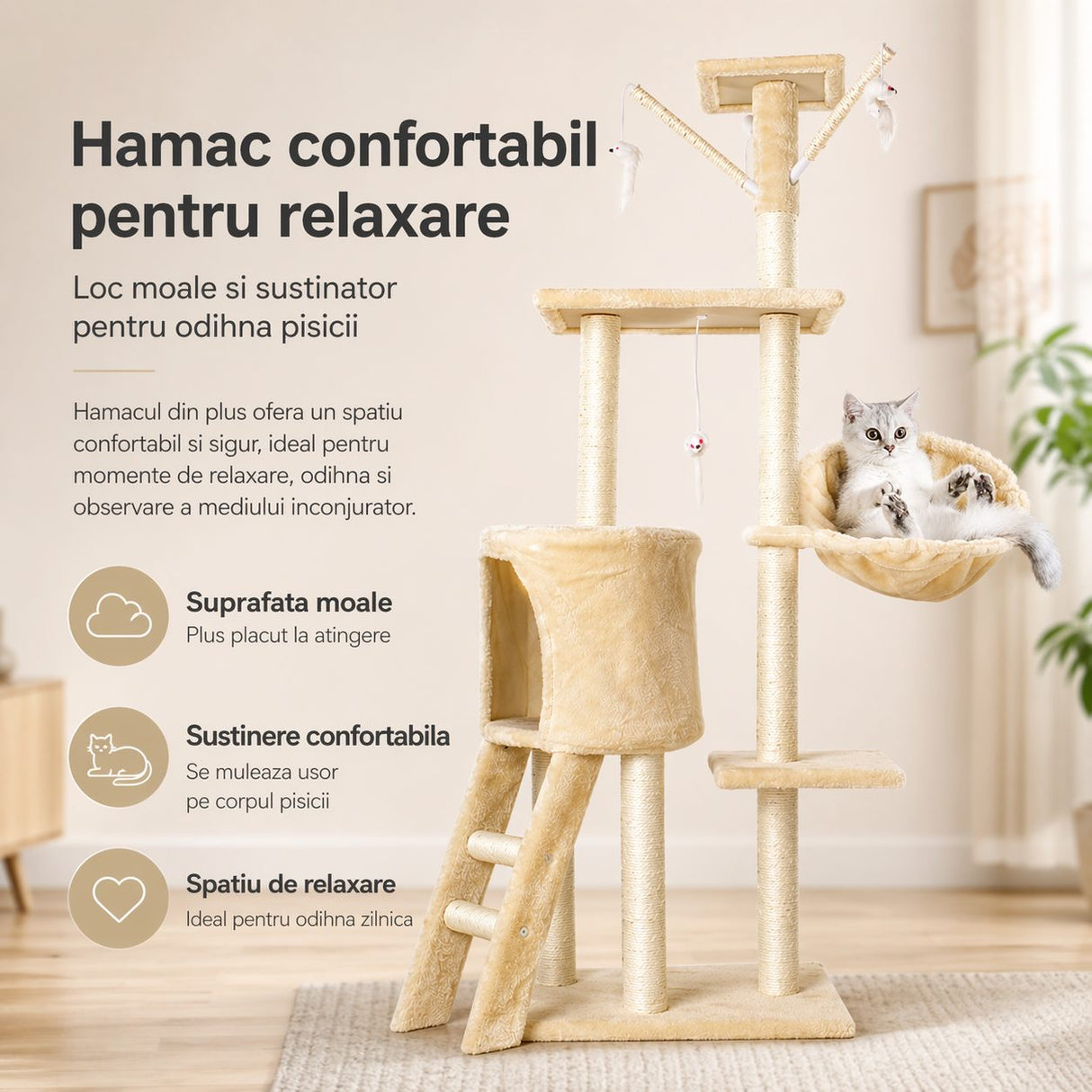 Detaliu cușcă refugiu ansamblu Flippy pentru pisici, construcție din lemn, culoare crem