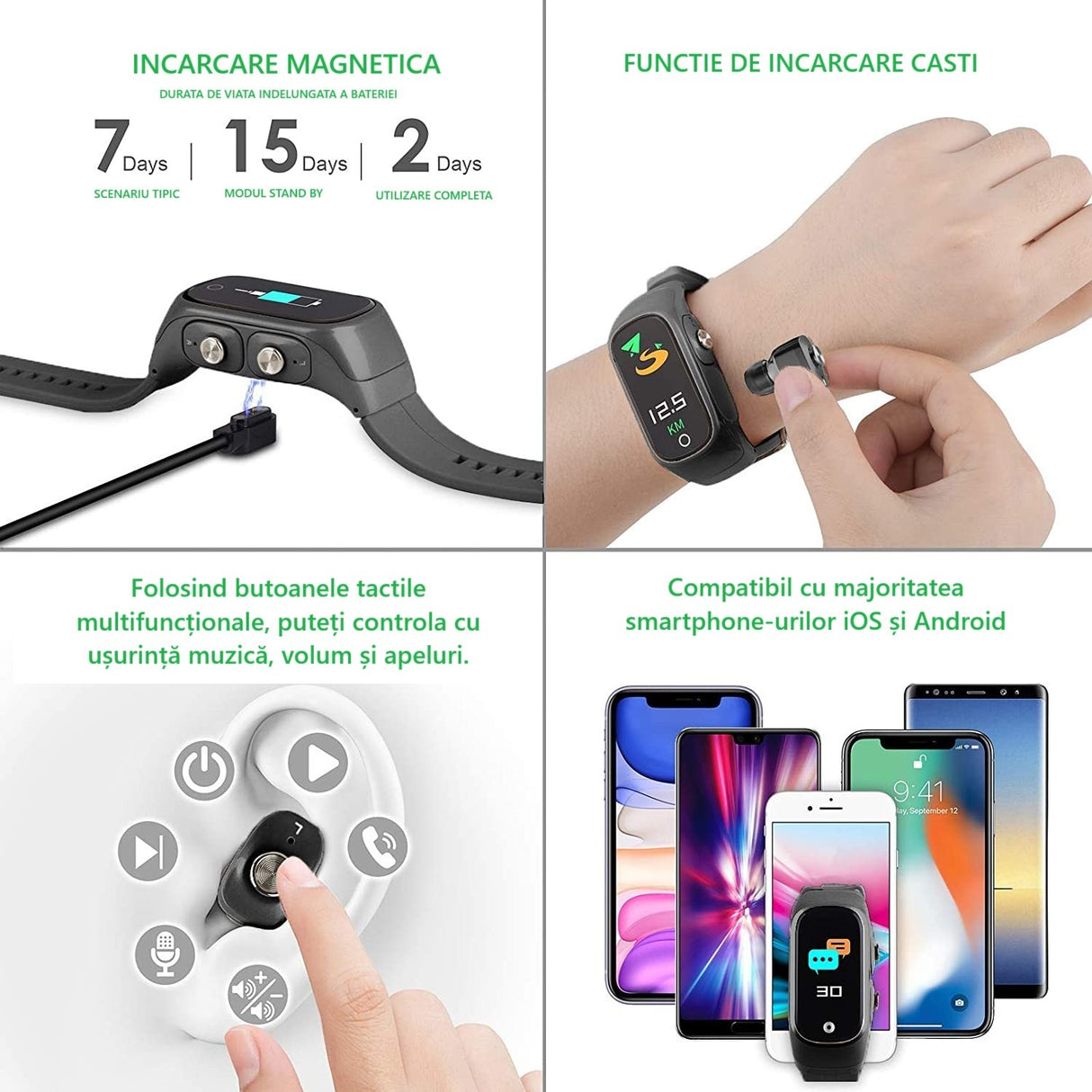 Ceas Smartwatch 2 in 1, cu Casti Bluetooth, N8 TWS, Plug in Lateral, Afisaj 1.47 inch, Rezolutie 172*320, Negru - vivimall.ro