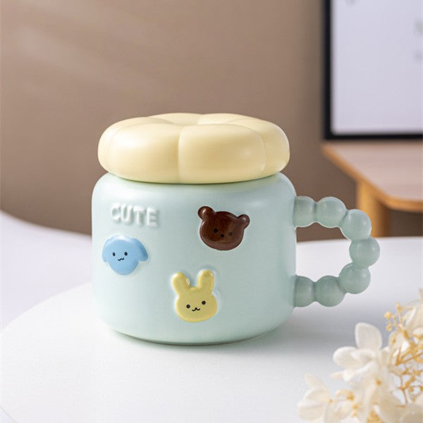 Cana Pentru Copii, Din Portelan, Print Figurine Animalute, Model Cute, Cana Cu Capac, Ceasca Pentru Cafea, Ceai, 400Ml Deschis - vivimall.ro