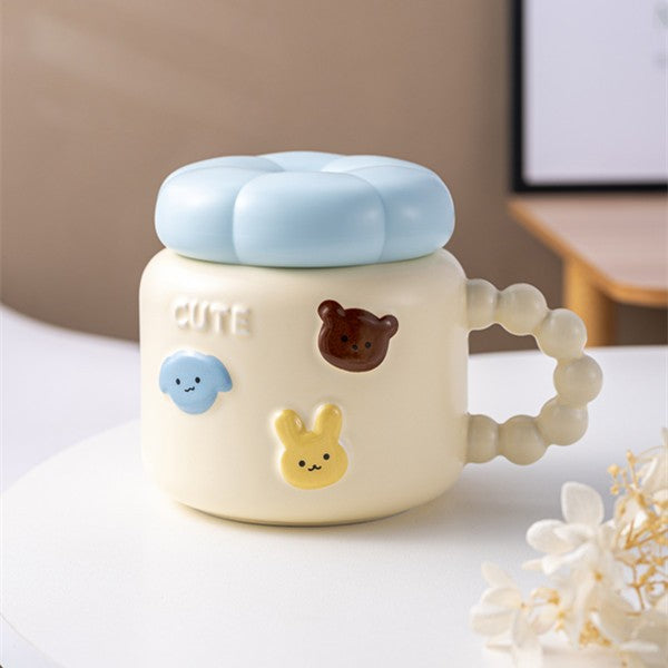 Cana Pentru Copii, Din Portelan, Print Figurine Animalute, Model Cute, Cana Cu Capac, Ceasca Pentru Cafea, Ceai, 400Ml Deschis - vivimall.ro