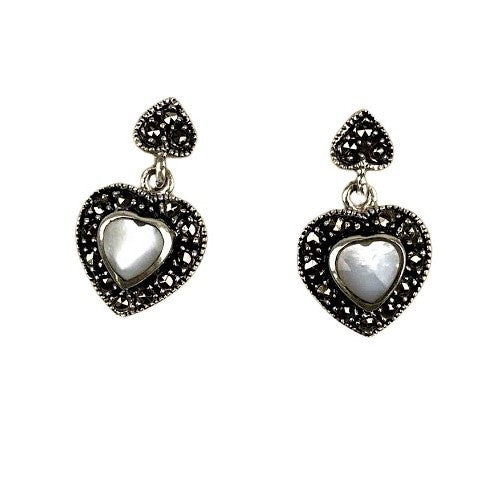 Cercei Argint 925 Inimi cu Marcasite si Piatra Alba - vivimall.ro