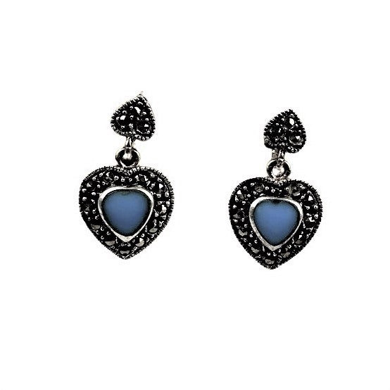 Cercei Argint 925 Inimi cu Marcasite si Piatra Albastra - vivimall.ro