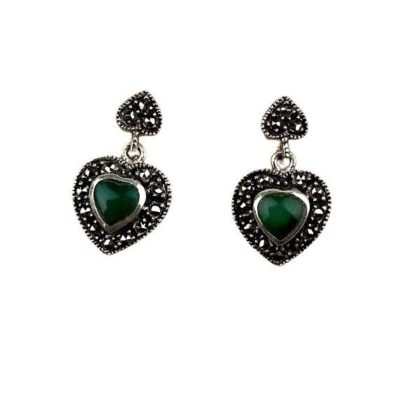 Cercei Argint 925 Inimi cu Marcasite si Piatra Verde - vivimall.ro