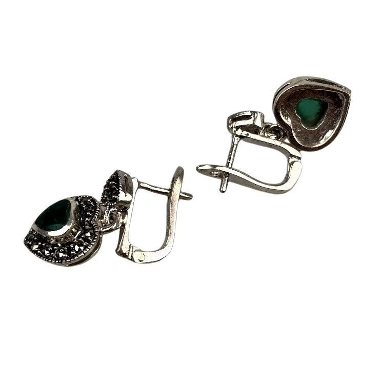 Cercei Argint 925 Inimi cu Marcasite si Piatra Verde - vivimall.ro