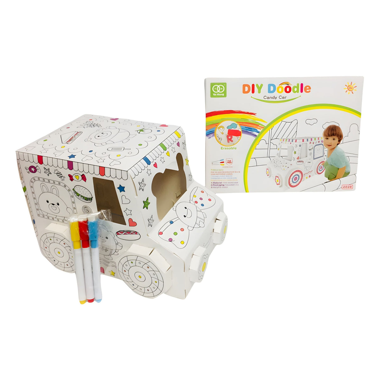 Jucarie Educativa pentru Copii, Flippy, Model Masinuta 3D, Jucarie de Asamblat si Colorat, din Carton, 28 x 20 cm, 3+ ani, Alb - vivimall.ro