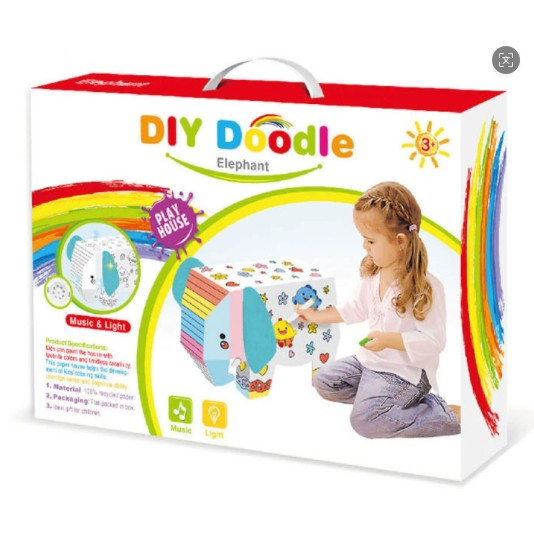 Puzzle 3D elefant Flippy din carton asamblat și colorat, vedere frontală, 34x14x23 cm