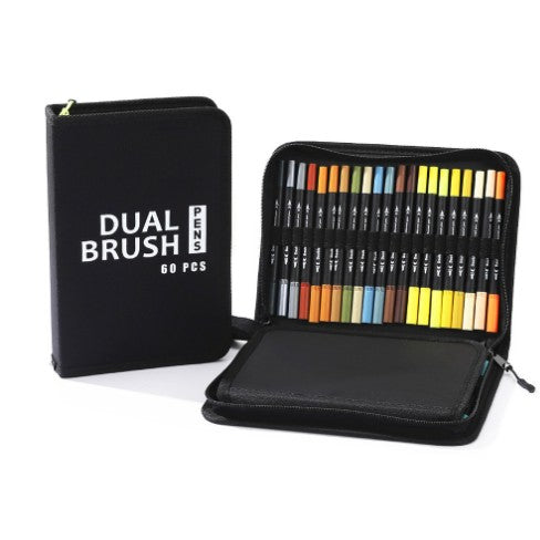 Set Carioci pe Baza de Apa, Vivimall, 2 in 1, pentru Pictura, Caligrafie, 60 Culori, Penar Negru, Corp Carioca Negru, 26.5 x 17.5 x 4.5 cm, Multicolor - vivimall.ro