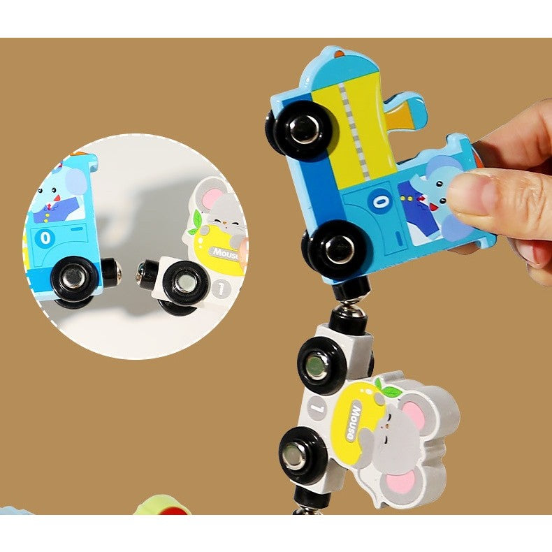 Detaliu sistem magnetic de prindere între vagoanele trenulețului Flippy din lemn, model Zoo