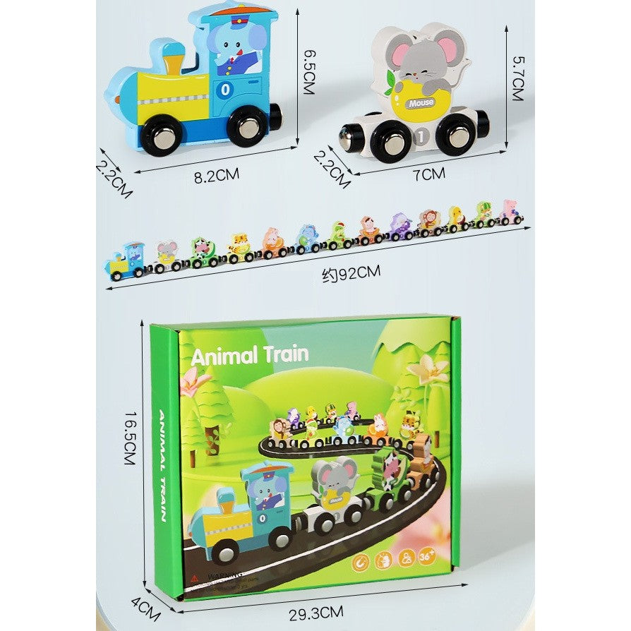 Trenulețul Flippy Zoo asamblat complet pe covor, lungime totală 92 cm, culori vii din lemn