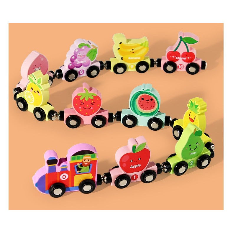 Trenulet Magnetic, Flippy, din Lemn, Model 10 Fructe, +3 Ani, Jucarie de Asamblat, Multicolor - vivimall.ro