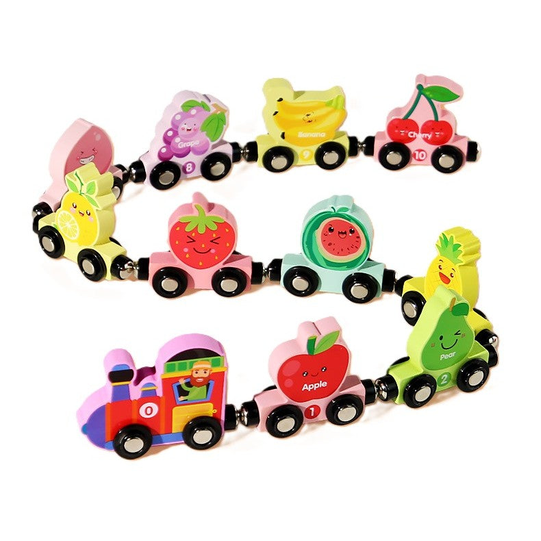 Trenulet Magnetic, Flippy, din Lemn, Model 10 Fructe, +3 Ani, Jucarie de Asamblat, Multicolor - vivimall.ro