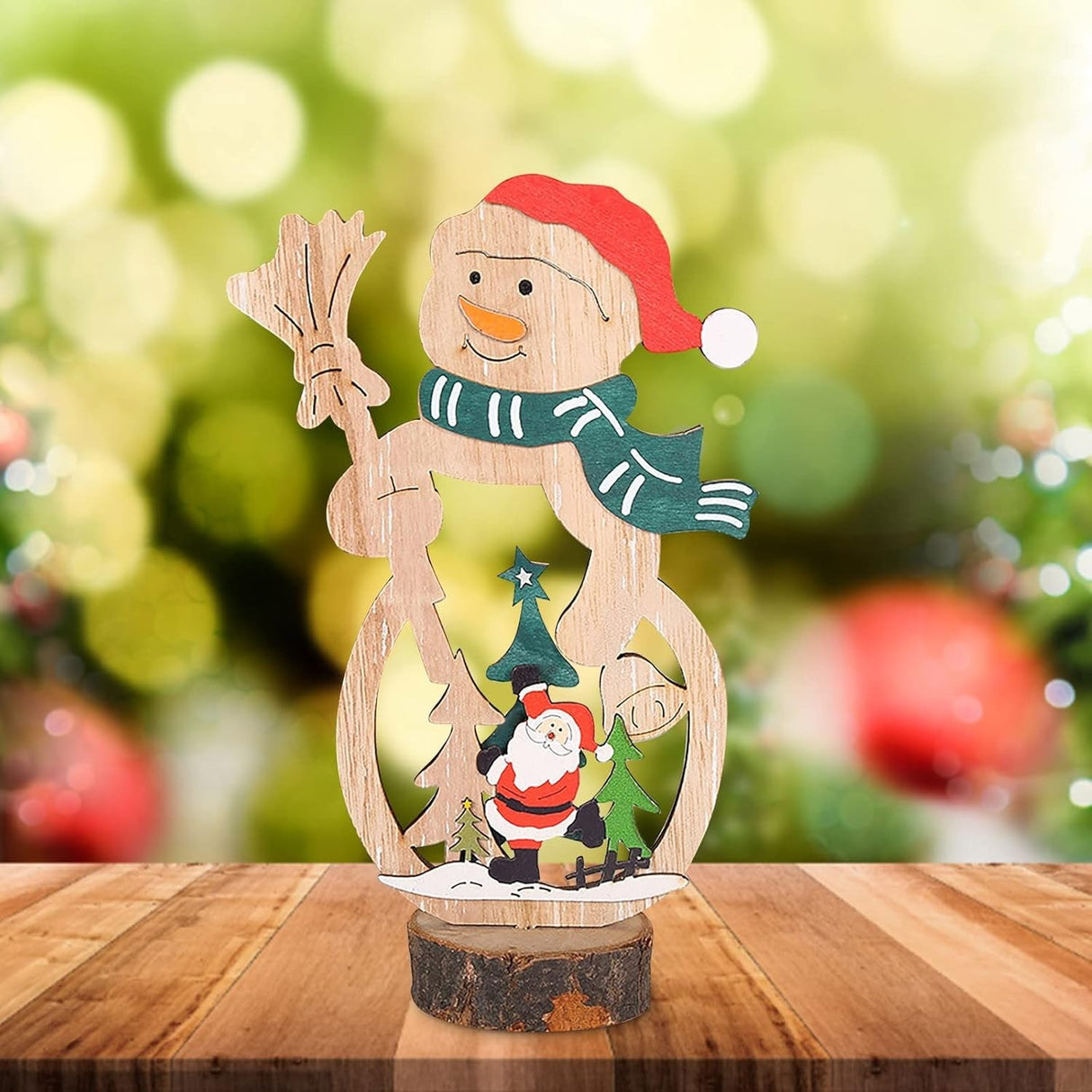 Decoratiune de Craciun, Flippy, din Lemn, 11 x 20 cm, Model Om de Zapada cu Caciula Rosie, Multicolor - vivimall.ro