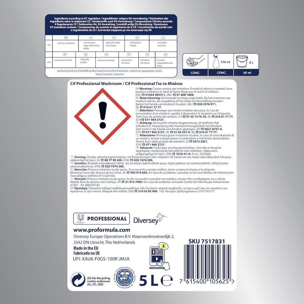 CIF Professional Washroom – Detergent si Detartrant pentru Suprafetele din Baie, 5 L - vivimall.ro