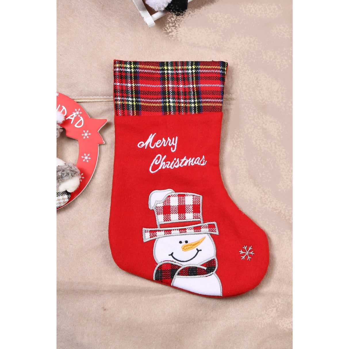 Ciorap Cadouri, culoare rosie, imprimeu om de zapada,marimea 15x30 cm, Flippy - vivimall.ro