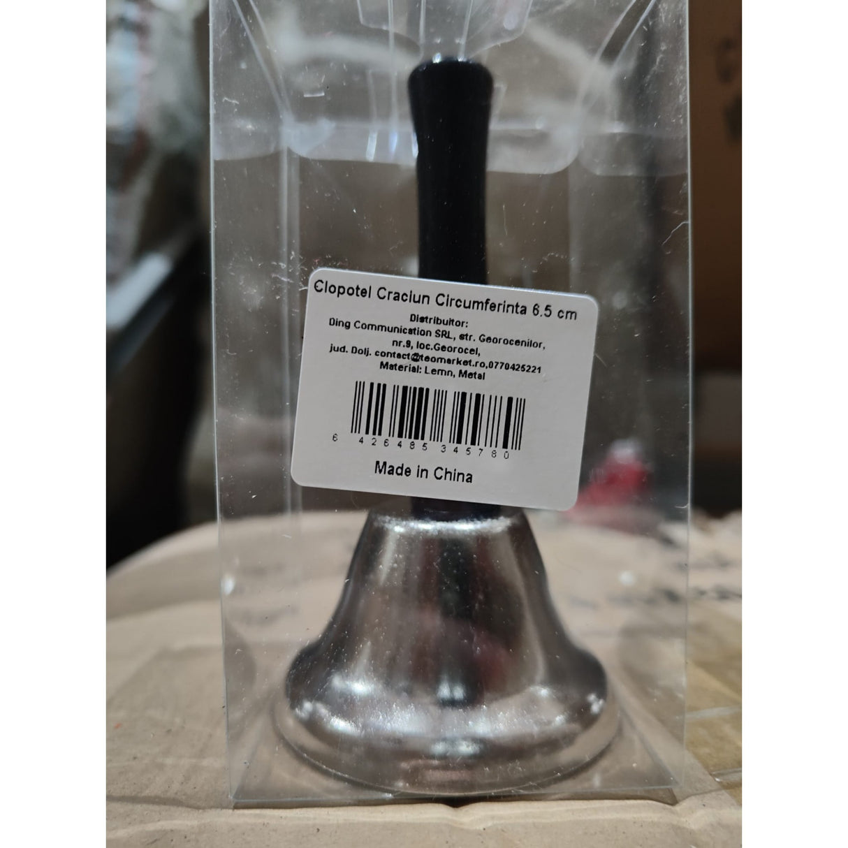 Clopotel de Craciun Metalic, Flippy, Maner din Lemn, Circumferinta 6.5 cm, Lungime 12 cm, Argintiu - vivimall.ro