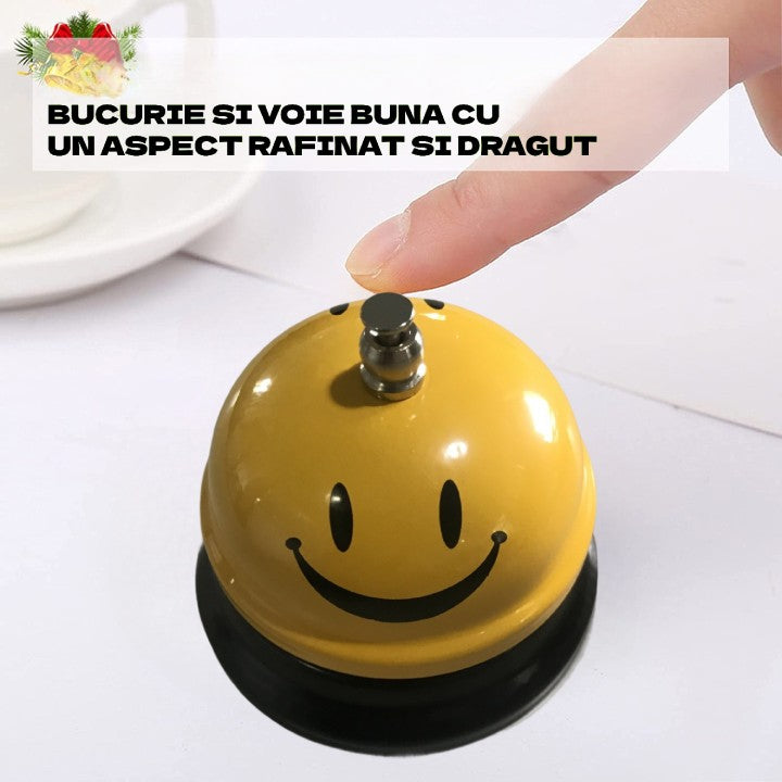 Clopotel Metalic Multifunctional, Vivimall, Galben cu Imprimeu Smiley Face, 7.5x7.5x6.5 cm, Receptie, Restaurant, Cafenele