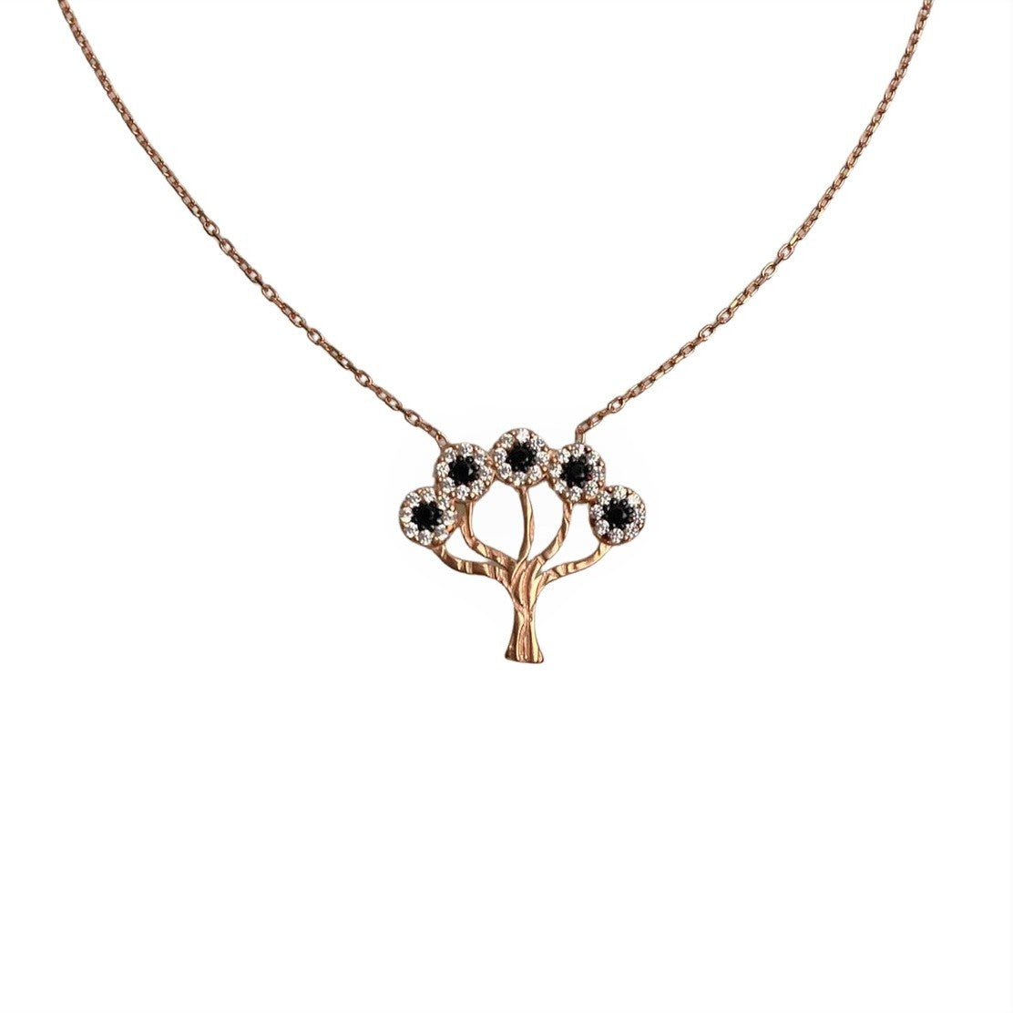 Colier Argint 925, Copac cu Zirconii Alb-Negru Placat cu Aur Roz 40 cm - vivimall.ro