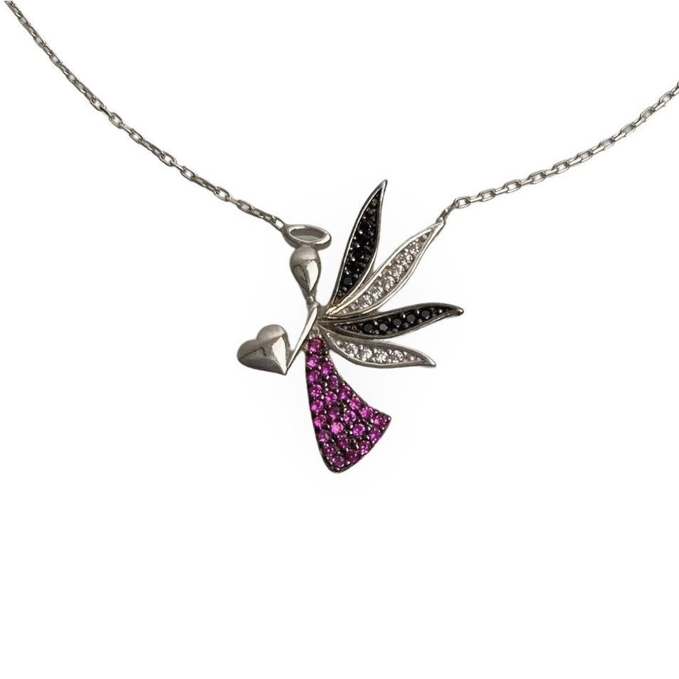 Colier Argint 925, Zana cu Inima cu Zirconii Alb-Negru-Roz 40 cm - vivimall.ro