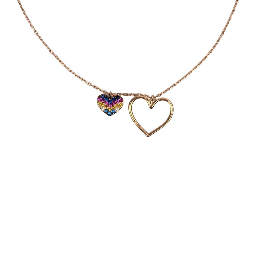 Colier din Argint 925, Inima Dubla Placata cu Aur Roz cu Zirconii Multicolore 40 cm - vivimall.ro