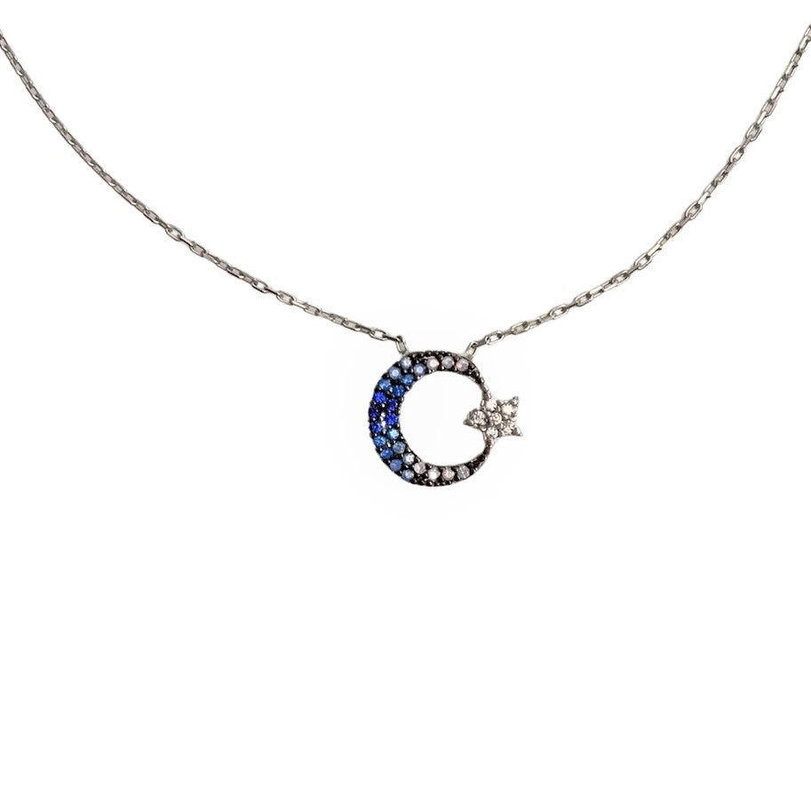 Colier din Argint 925, Semiluna cu Zirconii Albastre 42 cm - vivimall.ro