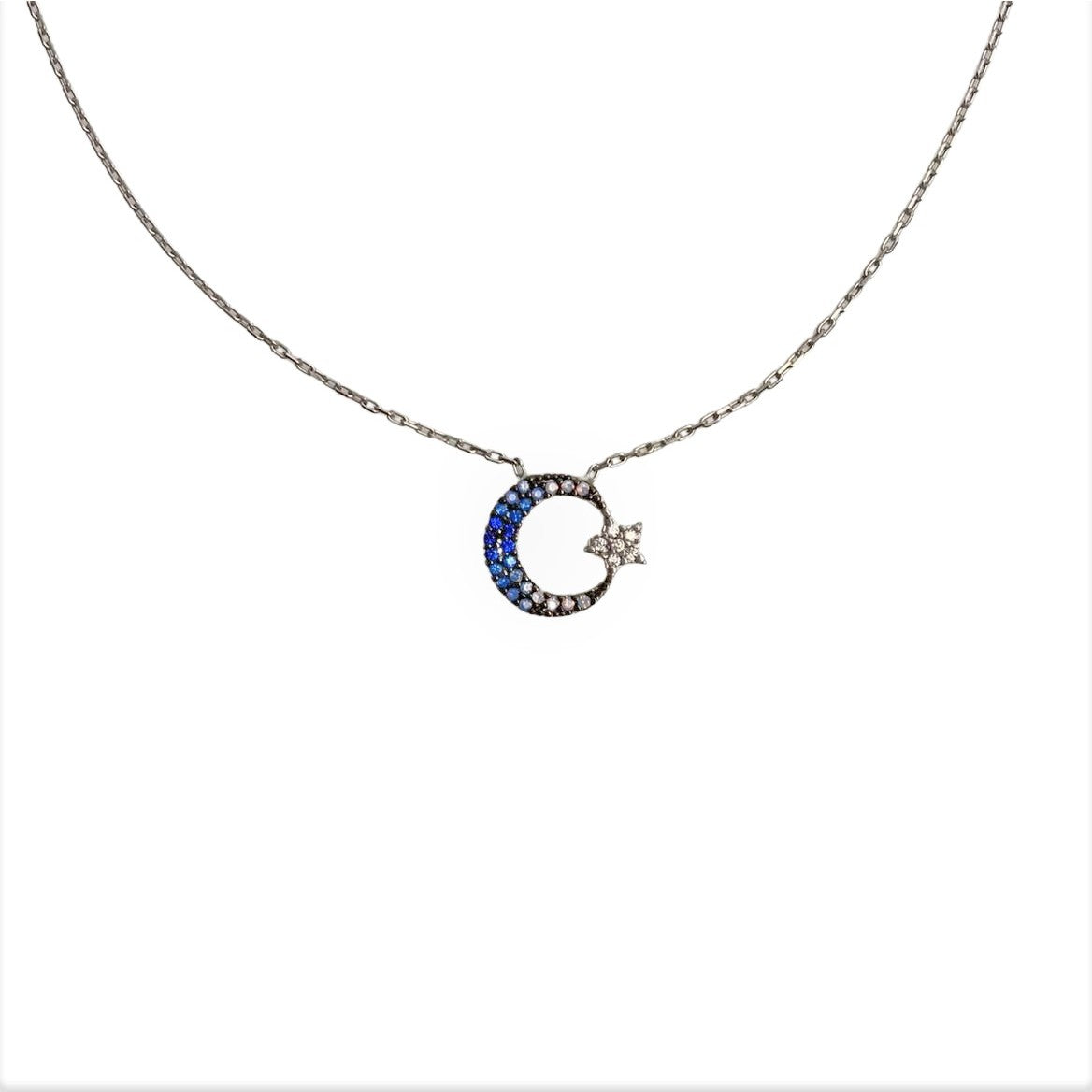 Colier din Argint 925, Semiluna cu Zirconii Albastre 42 cm - vivimall.ro