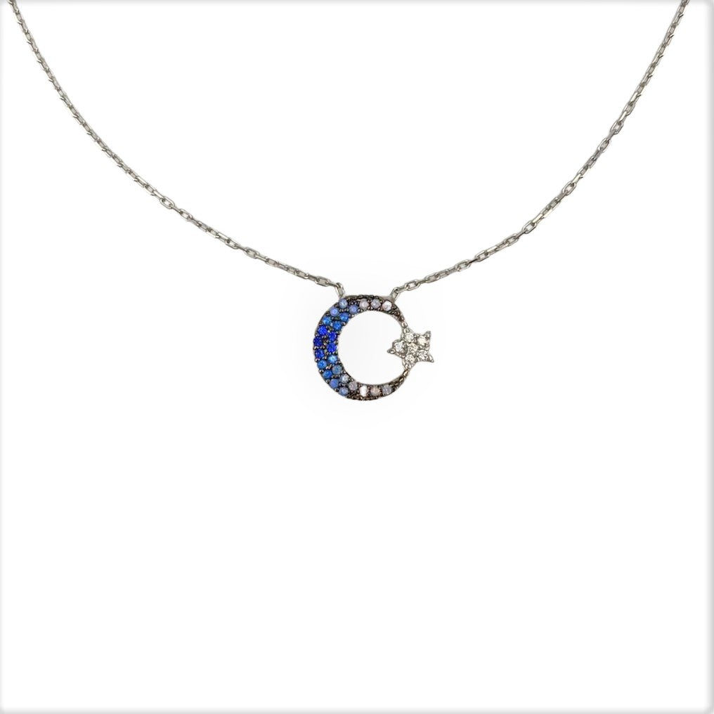Colier din Argint 925, Semiluna cu Zirconii Albastre 42 cm - vivimall.ro
