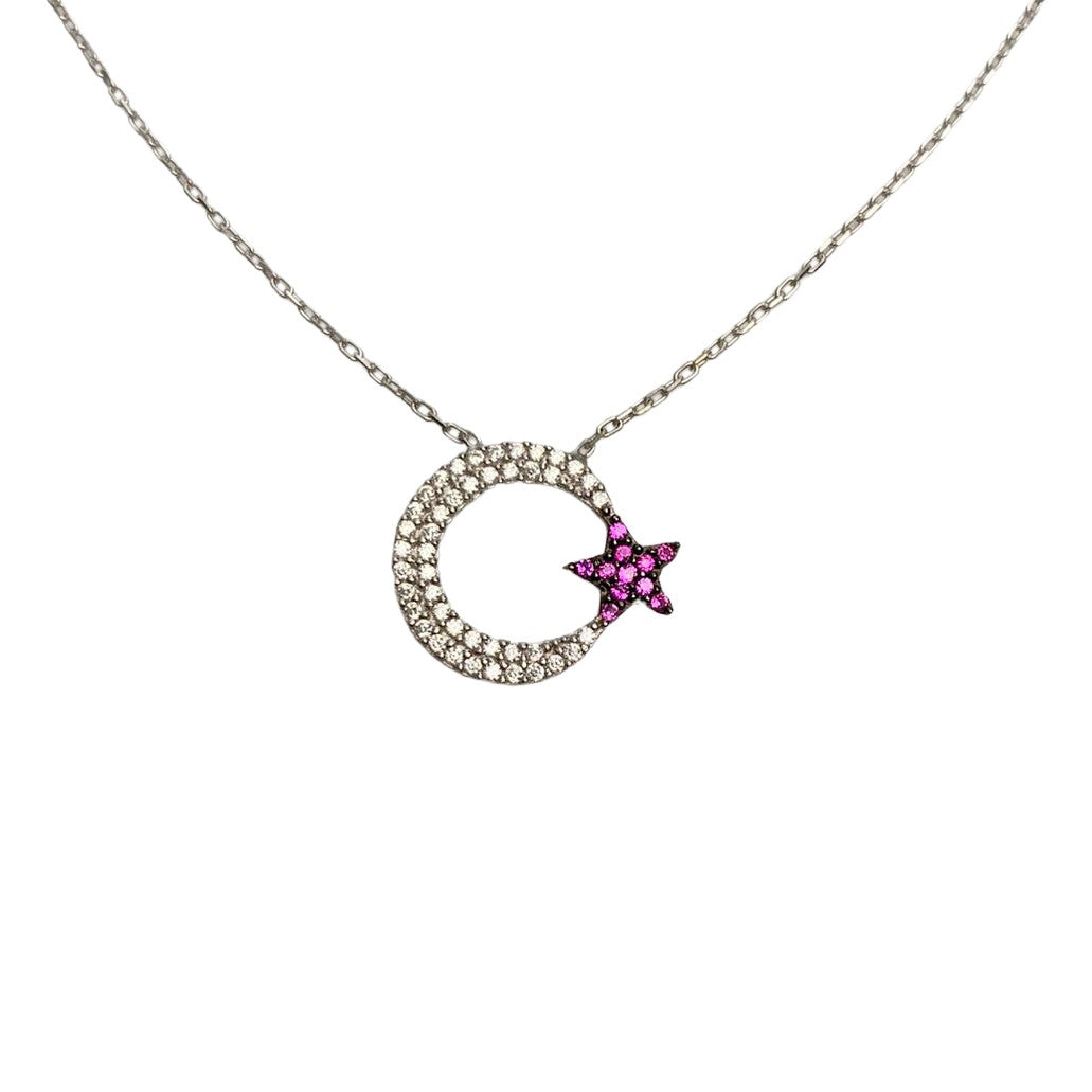 Colier din Argint 925, Semiluna Mare cu Zirconii Alb-Roz 42 cm - vivimall.ro