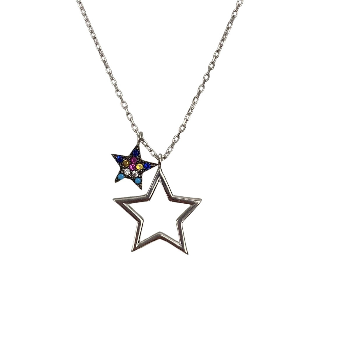 Colier din Argint 925, Stea Dubla cu Zirconii Multicolore 40 cm - vivimall.ro