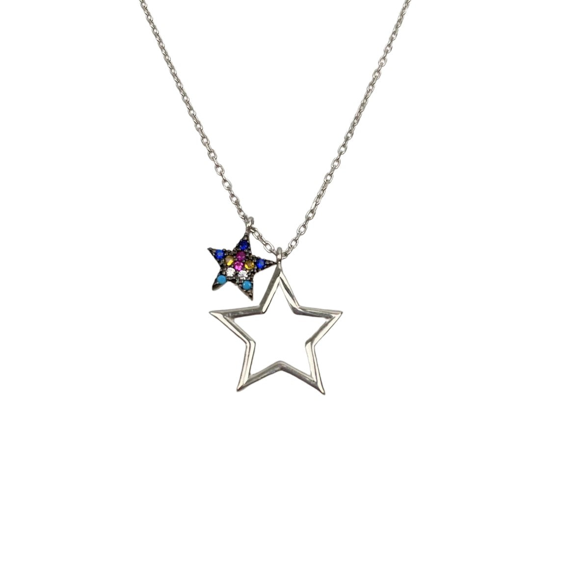 Colier din Argint 925, Stea Dubla cu Zirconii Multicolore 40 cm - vivimall.ro