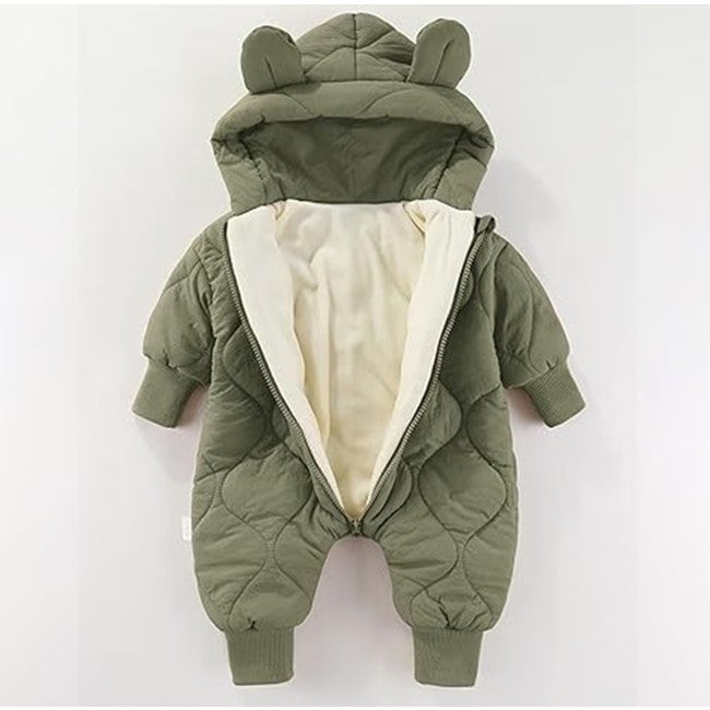 Combinezon de Iarna, Vivimall, pentru Bebelusi, din Bumbac, cu Urechi, Mansete Elastice, Unisex, 66 cm, Verde