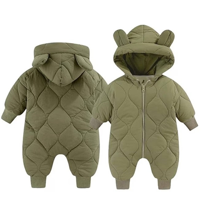 Combinezon de Iarna, Vivimall, pentru Bebelusi, din Bumbac, cu Urechi, Mansete Elastice, Unisex, 66 cm, Verde