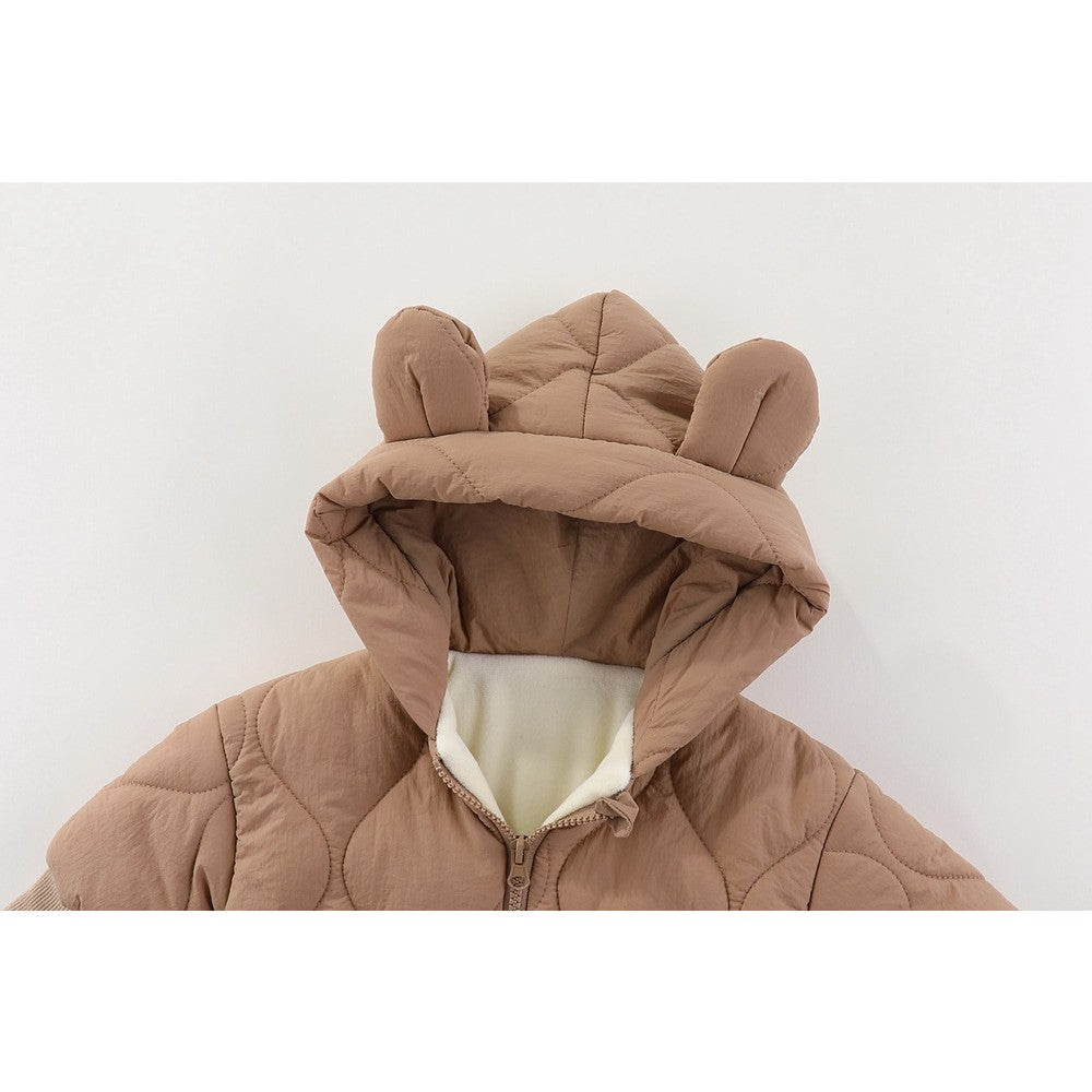 Combinezon de Iarna, Vivimall, pentru Bebelusi, din Bumbac, cu Urechi, Mansete Elastice, Unisex, 73 cm, Maro