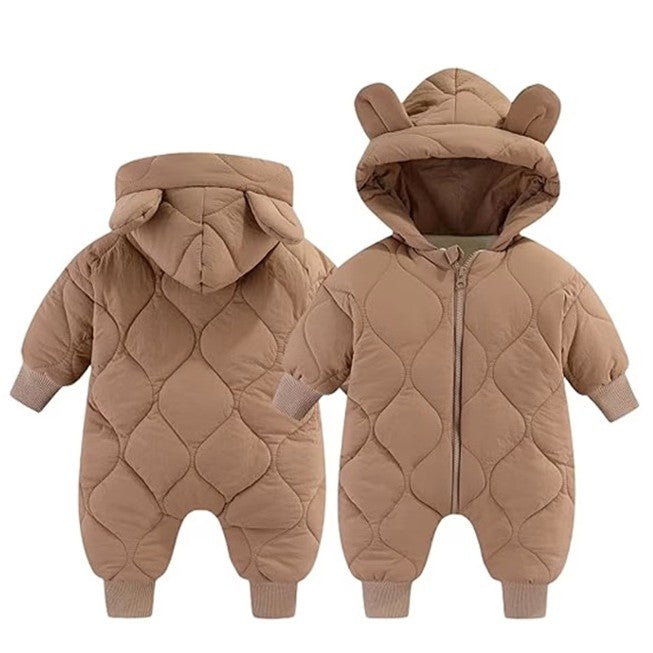 Combinezon de Iarna, Vivimall, pentru Bebelusi, din Bumbac, cu Urechi, Mansete Elastice, Unisex, 73 cm, Maro