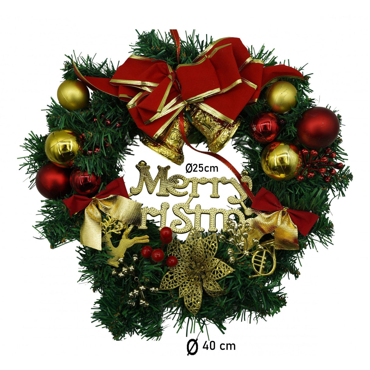 Coronita de Craciun pentru usa, Rosu/Auriu/Verde, 40 cm, PVC, Artificiala, Decorata, Interior/Exterior, Vivimall - vivimall.ro